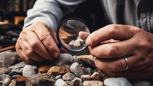 Exploring Earth's Secrets: Geologist's Hands Unveiling Nature's Wonders with a Magnifying Glass photo
