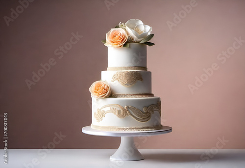 simple wedding cake with flowers on minimal background photo