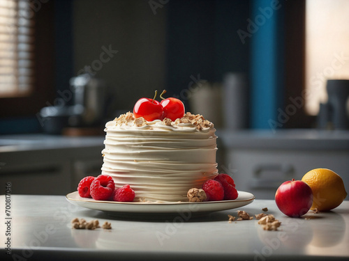 Bizcocho con cobertura de chocolate blanco y frutos rojos photo