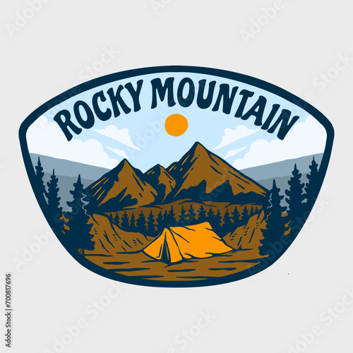 VECTOR ILLUSTRATION CAMPING OUTDOOR CAMPER CAMP ON ROCKY MOUNTAIN NATIONAL PARK BADGE DESIGN
