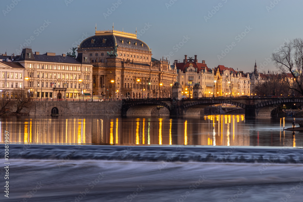 Charles Bridge - view of the river and the National Theater in Prague