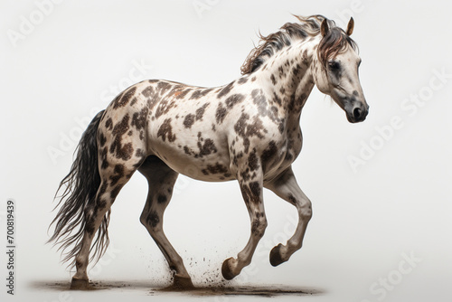 Appaloosa horse crow hopping on a white background. Animal side portrait.