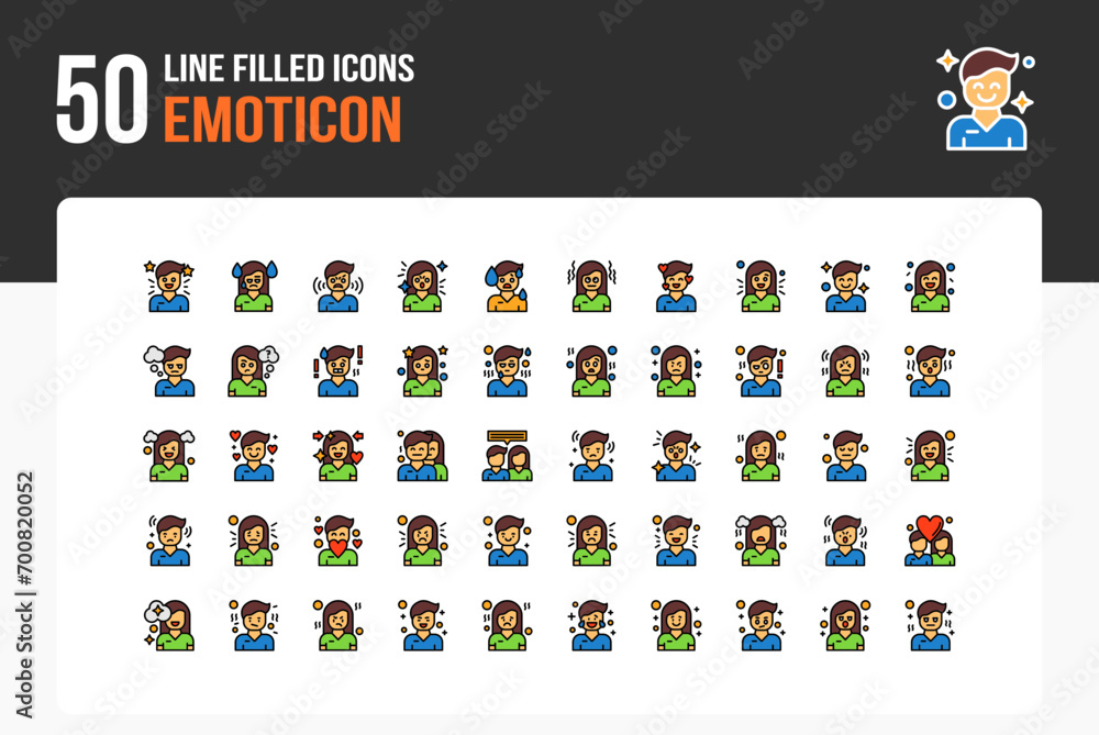 Fotografie 50 Emoticon Line Filled Icon Sheet