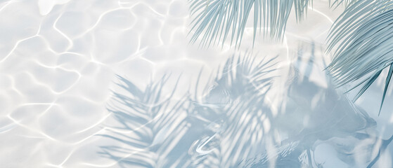 Top view of tropical leaf shadow on water surface. Shadow of palm leaves on white sand beach. Beautiful abstract background concept banner for summer vacation at the beach.