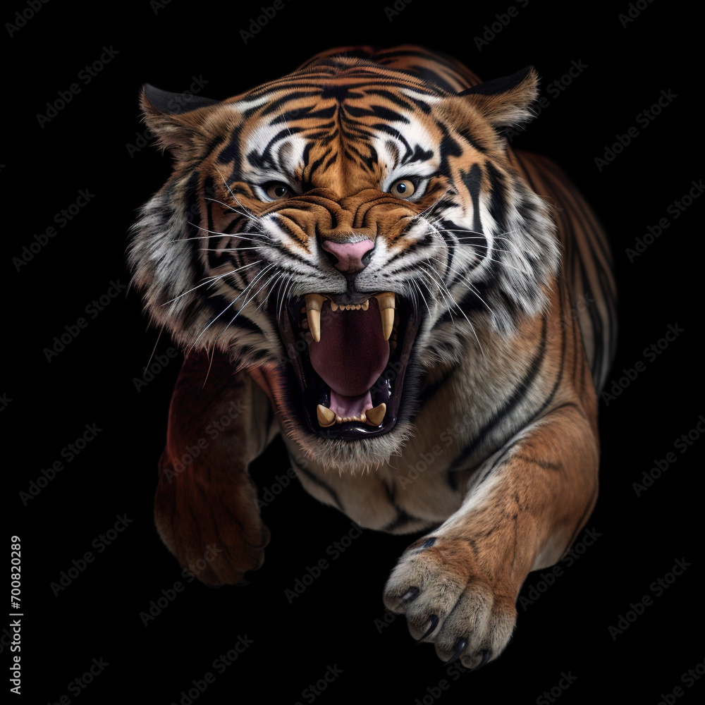 Fototapeta premium Beautiful tiger in a jump with sharp fangs isolated on a black background. Dangerous, angry tiger
