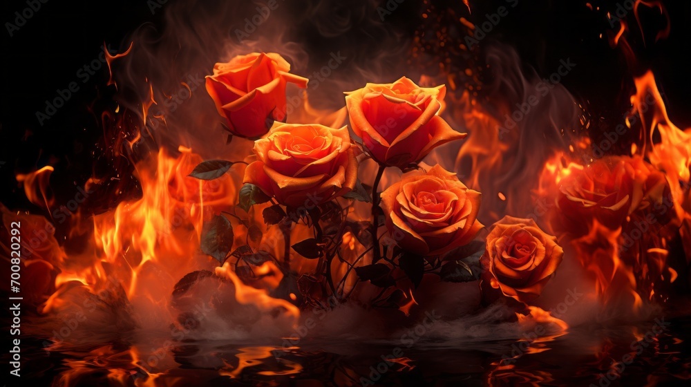 Fiery Elegance: Mesmerizing Medium Shot of a Vibrant Rose Garden in Flames Fiery Elegance: Mesmerizing Medium Shot of a Vibrant Rose Garden in Flames