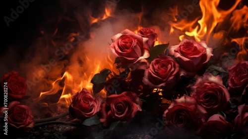 Fiery Elegance: Mesmerizing Medium Shot of a Vibrant Rose Garden in Flames