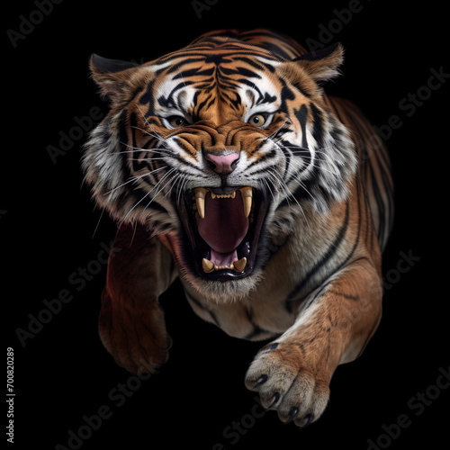 Beautiful tiger in a jump with sharp fangs isolated on a black background. Dangerous, angry tiger