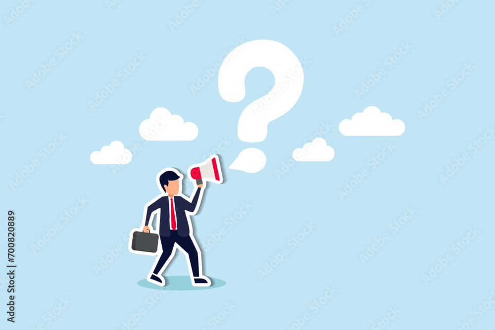 Ask question for answer or solution to solve problem, communicate or request for help in business concept, businessman talking with megaphone asking question with speech bubble big question mark. Ask question for answer or solution to solve problem, communicate or request for help in business concept, businessman talking with megaphone asking question with speech bubble big question mark.