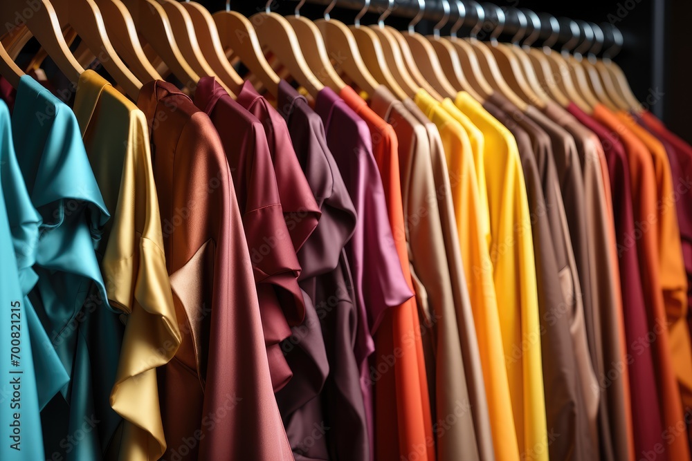 Closeup of rainbow color choice of trendy female wear on hangers in store closet Closeup of rainbow color choice of trendy female wear on hangers in store closet
