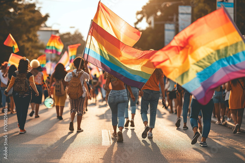 vibrant photo capturing a minimalist but energetic LGBTQ+ rights march with participants carrying banners and flags, advocating for visibility and equal rights in a minimalistic ph