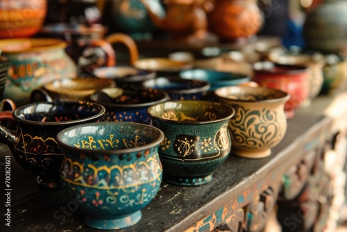 An array of vivid ceramic mugs and bowls on exhibit at a bustling market, highlighting the region's rich pottery heritage and artistic craftsmanship