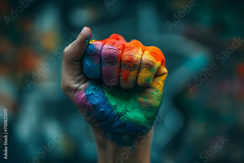 empowering photo capturing a minimalist but strong visual of the LGBTQ+ pride fist symbol, representing resilience and determination in the pursuit of equal rights in a minimalisti photo