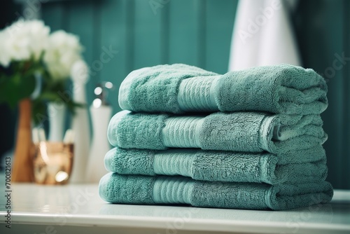 Fresh towels and houseplant on table in bathroom
