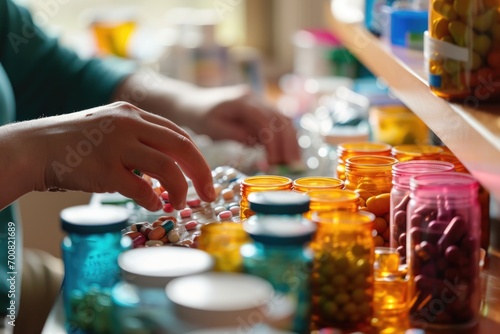 An individual meticulously sorting and categorizing their medication, emphasizing the consistent daily management essential for bipolar disorder photo