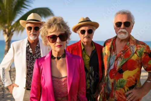 Amidst the summer glow, a joyful gathering of European pensioners dons summer clothes and sunglasses, embracing the vibrancy of the season