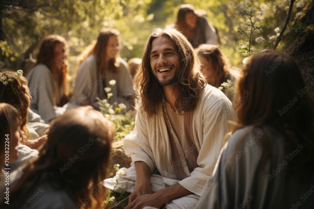 In serene tableau, Jesus Christ and disciples gather, radiating divine harmony. Scene captures essence of spiritual teachings and the sacred camaraderie among these central figures of Christian faith. In serene tableau, Jesus Christ and disciples gather, radiating divine harmony. Scene captures essence of spiritual teachings and the sacred camaraderie among these central figures of Christian faith.