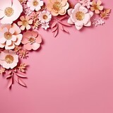 Pink and gold 3D paper cut flowers, on pink background. Graphic background with copyspace