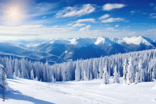 Panorama of mountains with snowy off-piste slope and blue sunlit sky at winter.