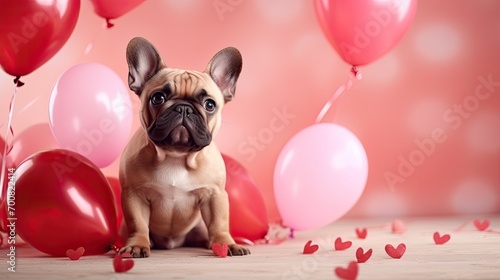 French Bulldog with pink and red balloons, Valentine's day graphic banner © MelissaMN