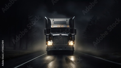 Headlights of a large semi truck on a road during a foggy, rainy night