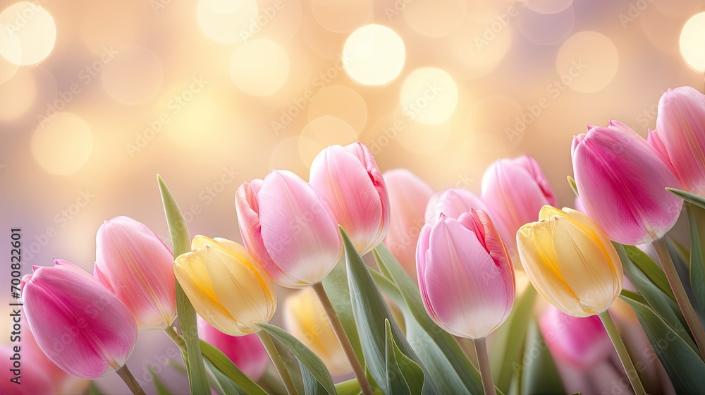 Colorful pink and yellow tulips - graphic banner with bokeh