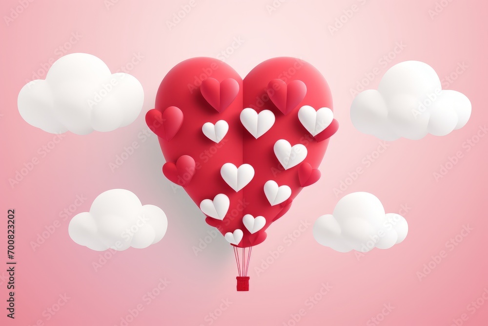 Whimsical Love: Floating Heart Balloon in a Dreamy Sky - Perfectly Crafted 3D Illustration with Minimalist Paper Cut Style on Cream Background