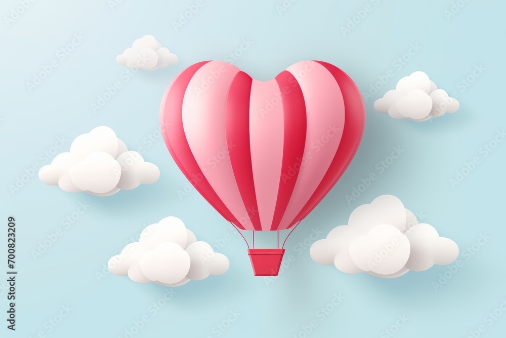 Naklejka premium Whimsical Love: Floating Heart Balloon in a Dreamy Sky - Perfectly Crafted 3D Illustration with Minimalist Paper Cut Style on Cream Background