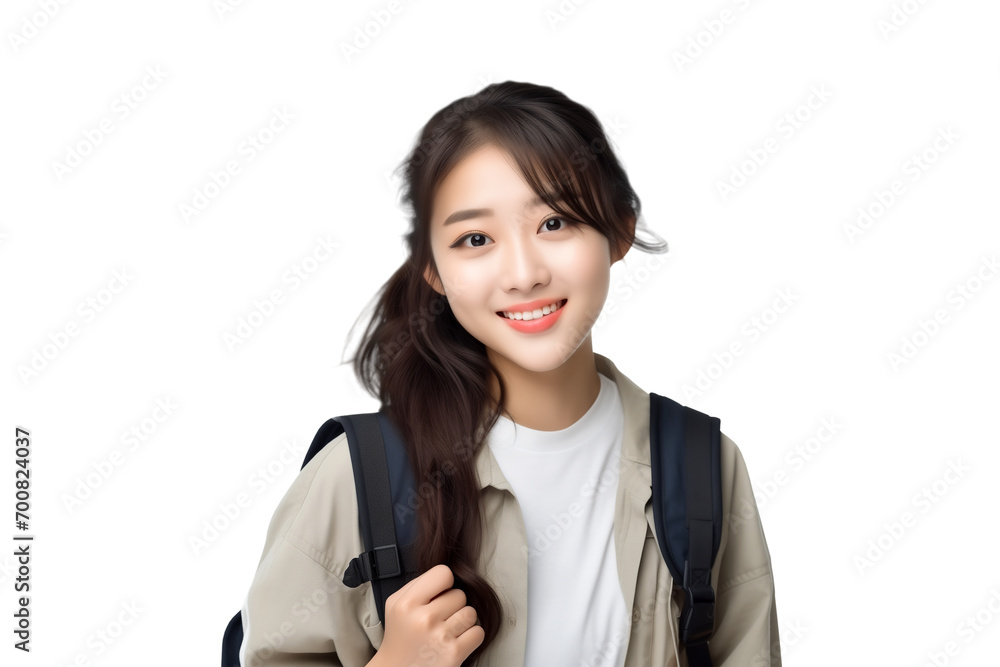 Portrait of a young smiling asian female student isolated on a transparent background. PNG file. Portrait of a young smiling asian female student isolated on a transparent background. PNG file.