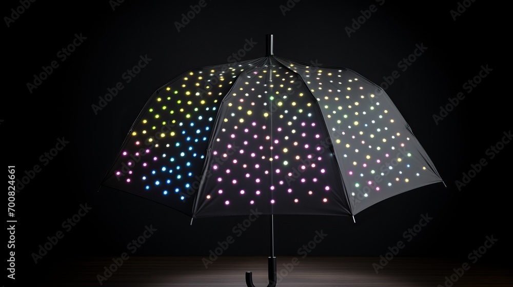 Stylish black umbrella, with multi-colored circles, on the black bakground, perfect for fashion accessories or bold graphic designs