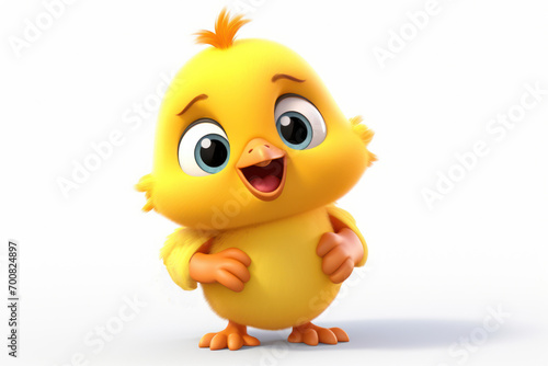 Cartoon cheerful little chick. Funny happy yellow bird. Isolated on white background. Ideal for childrens illustration, Easter greeting, postcard, scrapbooking