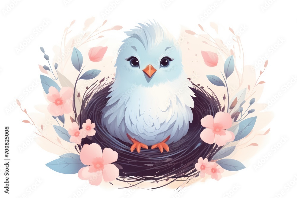 Obraz premium Illustration of adorable little bird in a nest with flowers. Isolated on white background. Funny chick. Ideal for Easter greeting cards, childrens books, banners, posters