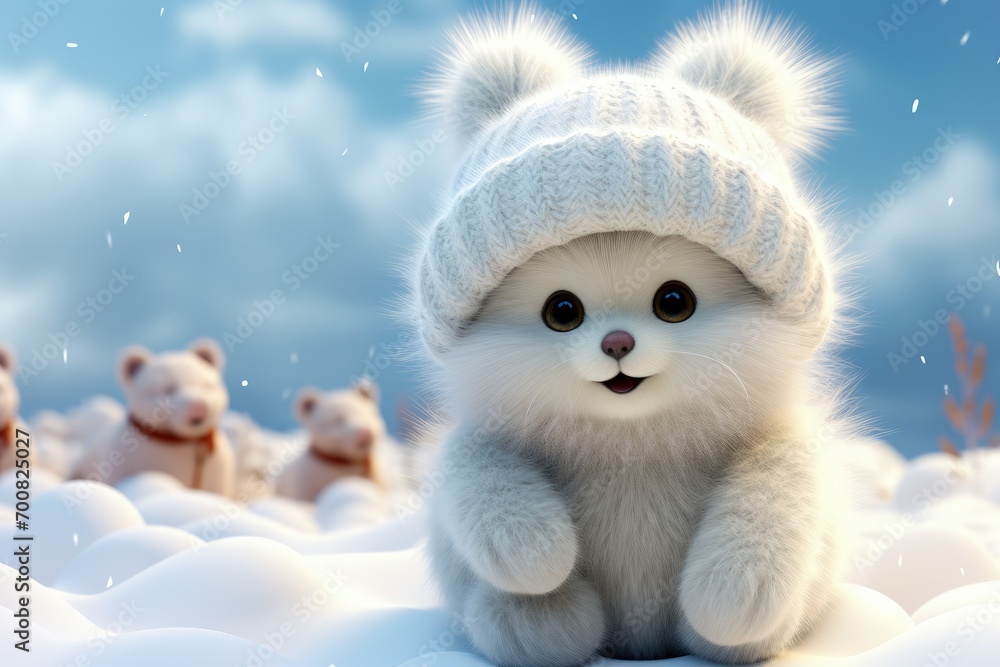 White cartoon bear with cuddly demeanor wears cozy scarf and mittens, exuding warmth. Playful and adorable, bear embodies charm of winter with touch of festive magic, heartwarming in snowy wonderland. White cartoon bear with cuddly demeanor wears cozy scarf and mittens, exuding warmth. Playful and adorable, bear embodies charm of winter with touch of festive magic, heartwarming in snowy wonderland.