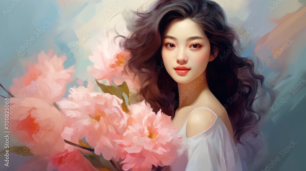 Pretty Asian brunette woman with flowers. Romantic lady. Illustration in style of oil painting. Postcard, greeting for International Womens Day. Valentine day. Wall decor, print.
