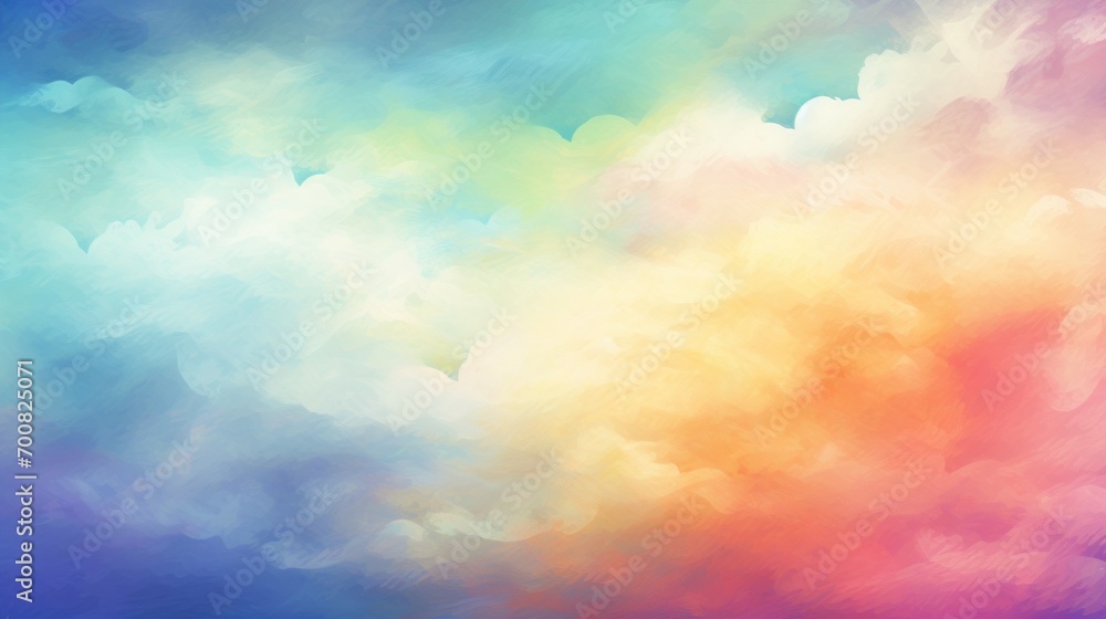 Rainbow clouds of pink, purple, turquoise, blue, red pastel colors. Illustration in style of oil painting. Abstract beautiful sky background. Copy Space. For banner, wallpaper, postcard, greeting