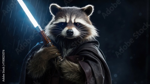 Raccoon in leather cloak wielding a glowing blue laser sword in a dynamic pose, under a rainy backdrop. Sci-fi themed animal space warrior. Concept of heroism, adventure, fantasy battle scenes