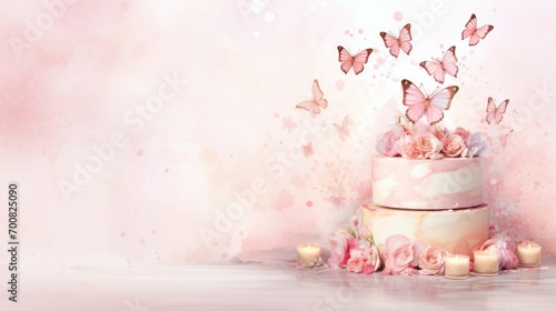 Aquarelle illustration of cake with butterflies and flowers on pastel peach pink background. Art for special occasions. Great for social media posts or event invitations. Banner with copy space photo