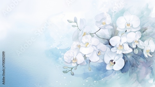 Watercolor illustration of white orchids bouquet on light soft blue background with aquarelle splashes and stains. Banner with copy space. Ideal for greeting card  event invitation  promotion  decor