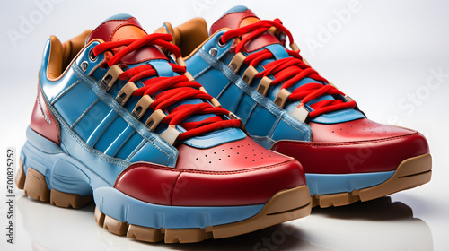 a pair of red and blue sneakers