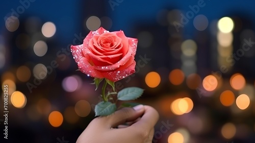 Enchanting Night: A Tender Touch of Love - Captivating Stock Image of a Hand Holding a Rose in the Moonlight