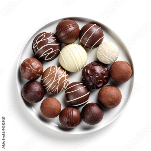 Plate of chocolates on white background, top view.