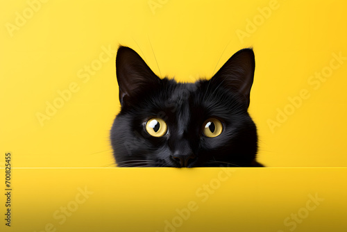  a black cat peeks from behind a yellow background   © Lin_Studio