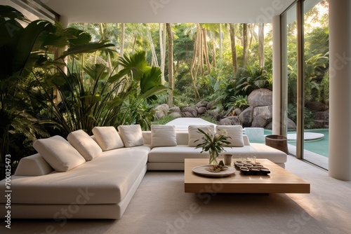 A lush tropical elegant modern living room in the tropics, sleek design, minimalist style