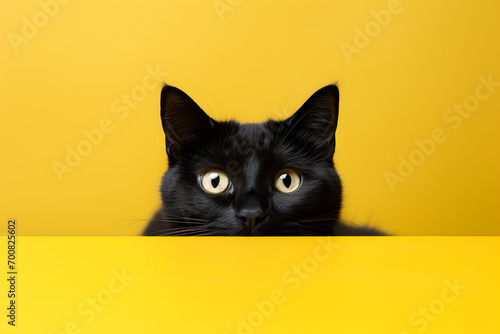  a black cat peeks from behind a yellow background