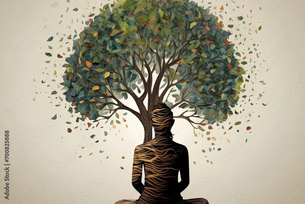 Mindful self reflection Person meditating, tree of mindful thoughts ...
