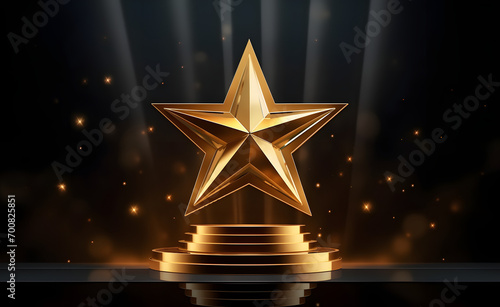 a golden star in the middle of a podium on a dark background with light beams	
