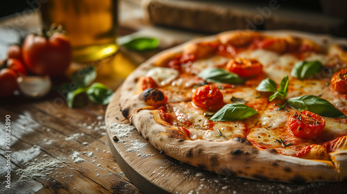 A classic Italian pizza on a wooden plate.