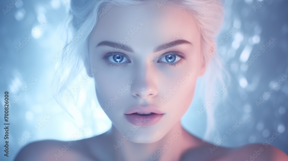 The face of a beautiful model with attractive eyes, blue eyes, portrait photographing the model from the front, white hair, Modern makeup, generative ai