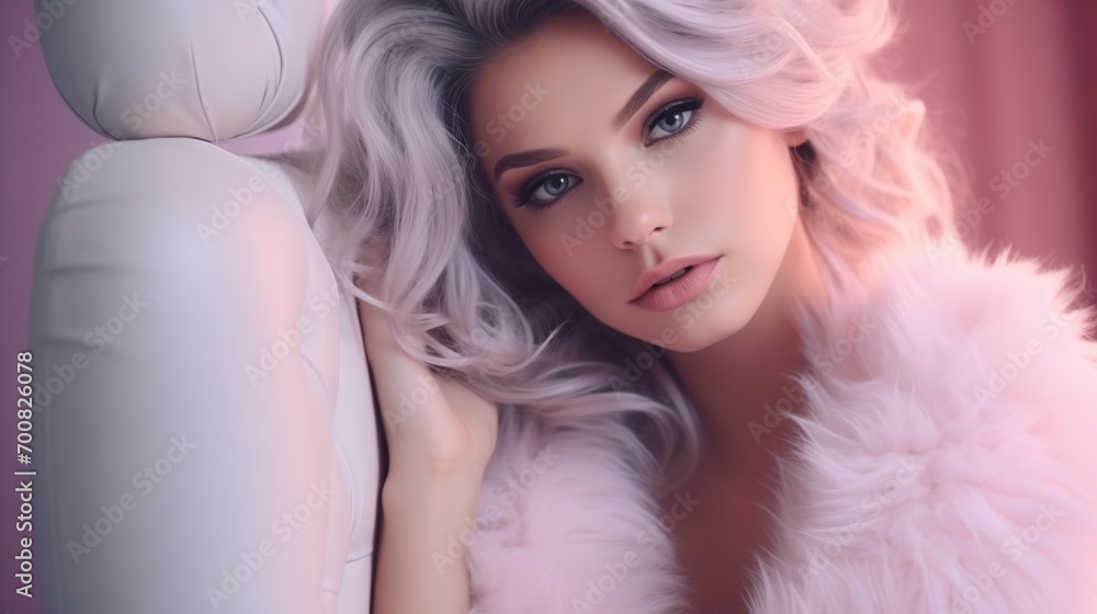 The face of a beautiful model with attractive eyes, blue eyes, portrait photographing the model from the front, white hair, Modern makeup, generative ai The face of a beautiful model with attractive eyes, blue eyes, portrait photographing the model from the front, white hair, Modern makeup, generative ai