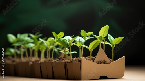 A small plant in a cardboard box in nature. Eco friendly packaging, paper recycling concept.